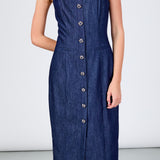 High Neck Denim Midi Dress
