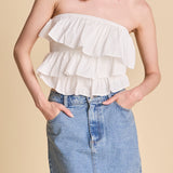 Mixed Media Ruffled Strapless Top