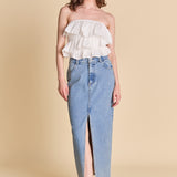 Mixed Media Ruffled Strapless Top
