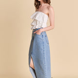 Mixed Media Ruffled Strapless Top