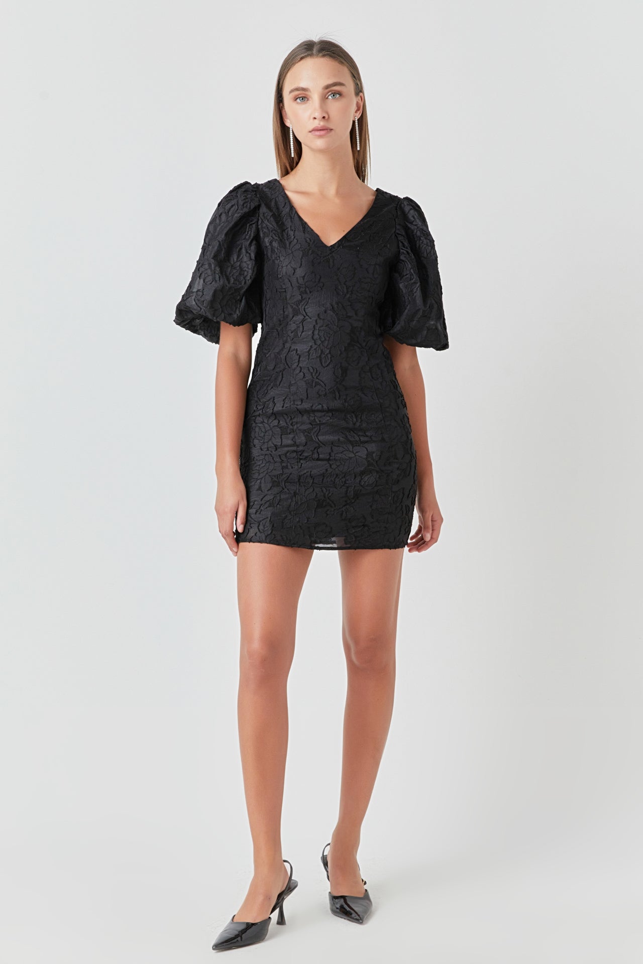 Endless Rose - Floral Jacquard Puff Sleeve Mini Dress Black / S Endless Rose - Floral Jacquard Puff Sleeve Mini Dress Black / S