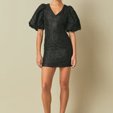 Floral Jacquard Puff Sleeve Mini Dress