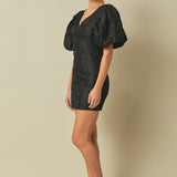 Floral Jacquard Puff Sleeve Mini Dress