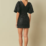 Floral Jacquard Puff Sleeve Mini Dress