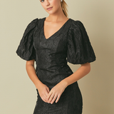 Floral Jacquard Puff Sleeve Mini Dress