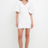 Floral Jacquard Puff Sleeve Mini Dress