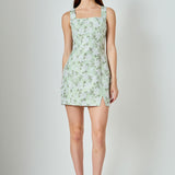 Floral Jacquard Front Slit Mini Dress