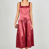 Satin Velvet Drop Waist Midi Dress