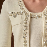 Boucle Knit Jewel Trim Cardigan