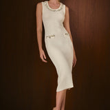 Boucle Knit Jewel Trim Midi Dress