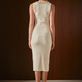 Boucle Knit Jewel Trim Midi Dress