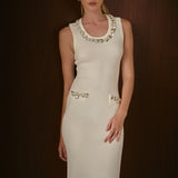 Boucle Knit Jewel Trim Midi Dress