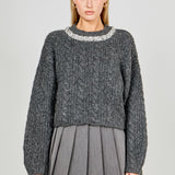 Jewel Embroidered Fuzzy Cable Knit Chunky Sweater