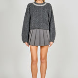 Jewel Embroidered Fuzzy Cable Knit Chunky Sweater