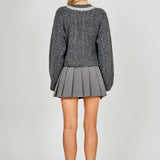 Jewel Embroidered Fuzzy Cable Knit Chunky Sweater