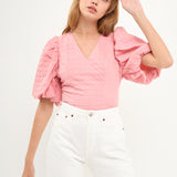 Puff Sleeve Check Jacquard Top