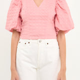 Puff Sleeve Check Jacquard Top