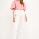 Puff Sleeve Check Jacquard Top