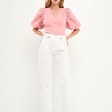 Puff Sleeve Check Jacquard Top