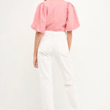 Puff Sleeve Check Jacquard Top