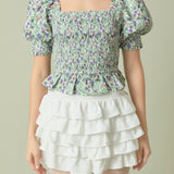 Jacquard Floral Smocked Puff Sleeve Top
