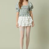 Jacquard Floral Smocked Puff Sleeve Top