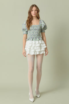 Jacquard Floral Smocked Puff Sleeve Top