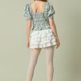 Jacquard Floral Smocked Puff Sleeve Top