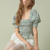 Jacquard Floral Smocked Puff Sleeve Top