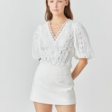 Laced V-Neck Puff Sleeve Top