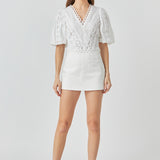 Laced V-Neck Puff Sleeve Top