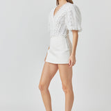 Laced V-Neck Puff Sleeve Top