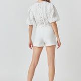 Laced V-Neck Puff Sleeve Top