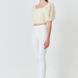 Mesh Trimmed Puff Sleeve Top
