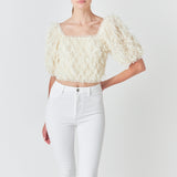 Mesh Trimmed Puff Sleeve Top