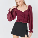 Chiffon Gridded Ruched Top