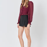 Chiffon Gridded Ruched Top