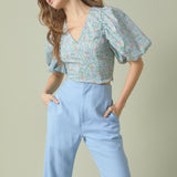 Floral Puff Sleeve Cropped Top