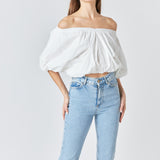 Cropped V-neckline Puff Top
