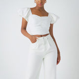 Shirring Detail Puff Sleeve Cropped Top