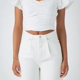 Shirring Detail Puff Sleeve Cropped Top