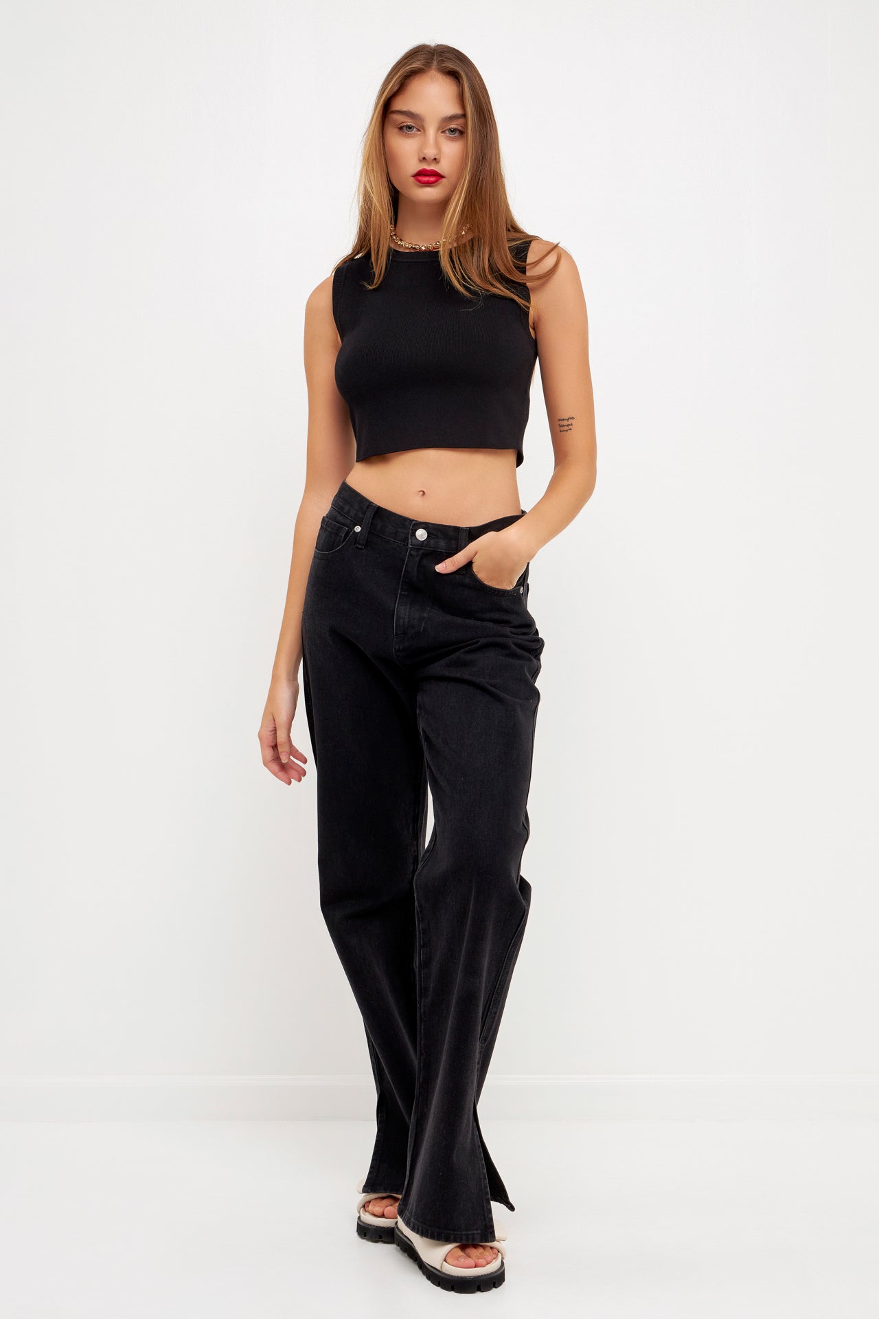 GREY LAB-Knit Crew Neck Cropped Tank Top-CAMI TOPS & TANK available at Objectrare