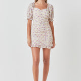 Embroidery on Chiffon Shirred Mini Dress
