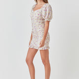 Embroidery on Chiffon Shirred Mini Dress