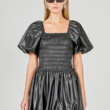 Pu Smocked Balloon Detail Mini Dress