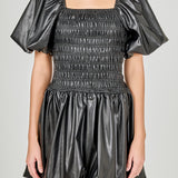 Pu Smocked Balloon Detail Mini Dress