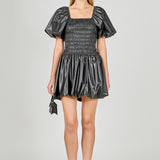 Pu Smocked Balloon Detail Mini Dress