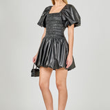 Pu Smocked Balloon Detail Mini Dress