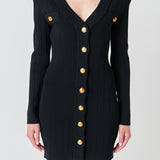 Shank Button V-Neckline Knit Mini Dress