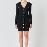 Shank Button V-Neckline Knit Mini Dress